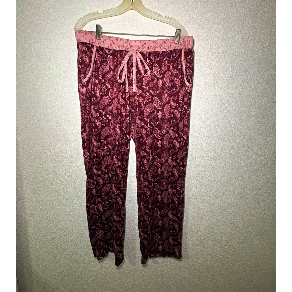 Lucky Brand Women's L Paisley Pajama Set Burgundy/Pink Round Neck Drawstring
